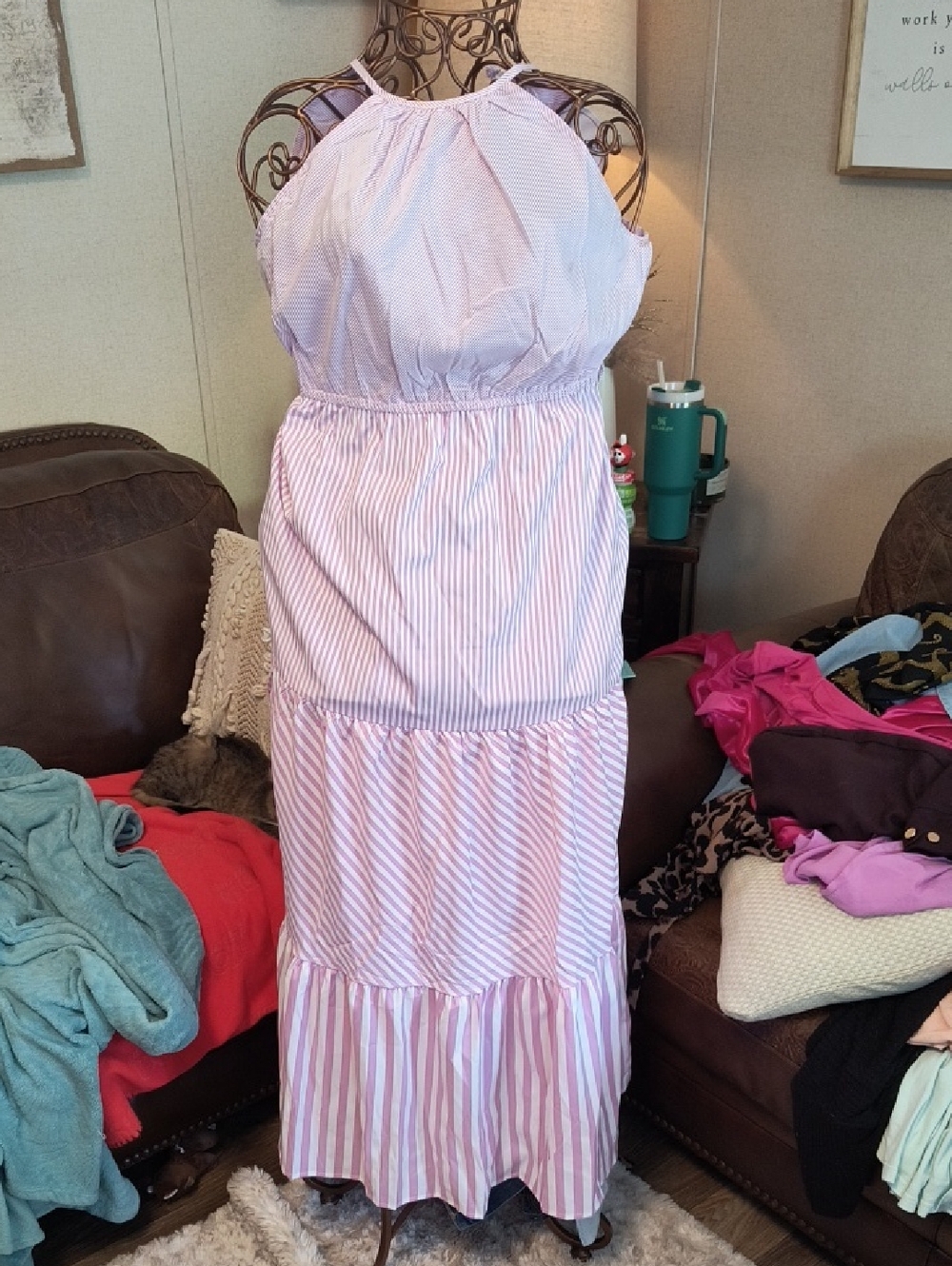 Striped Pink & White Halter Maxi Dress
